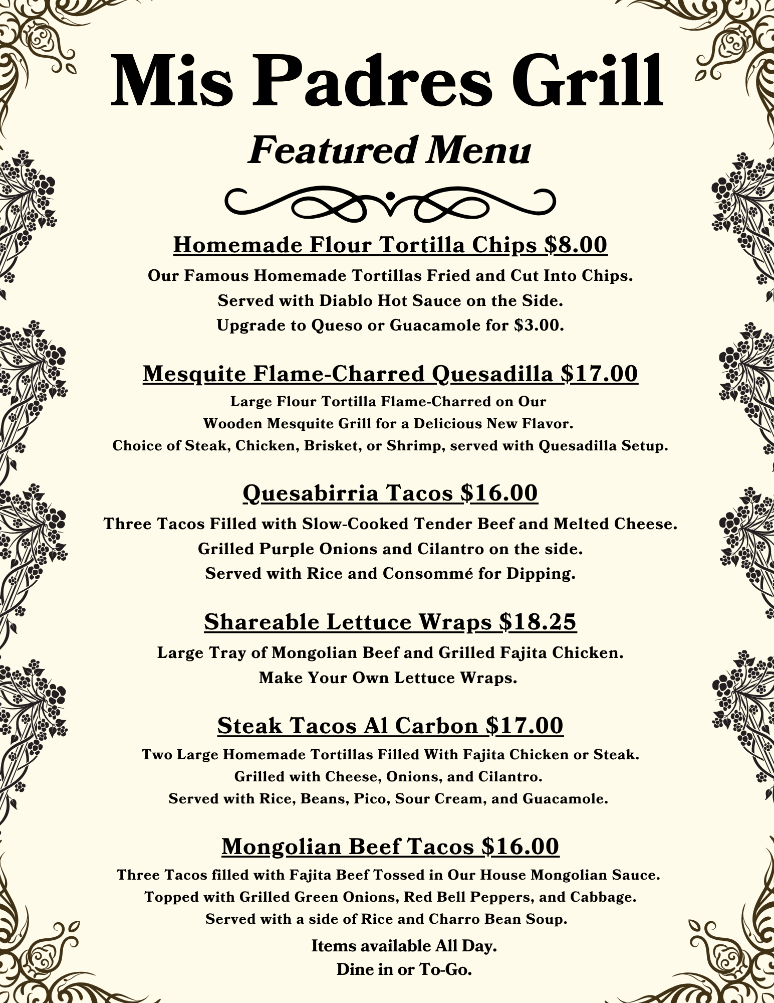 Front of Menu
